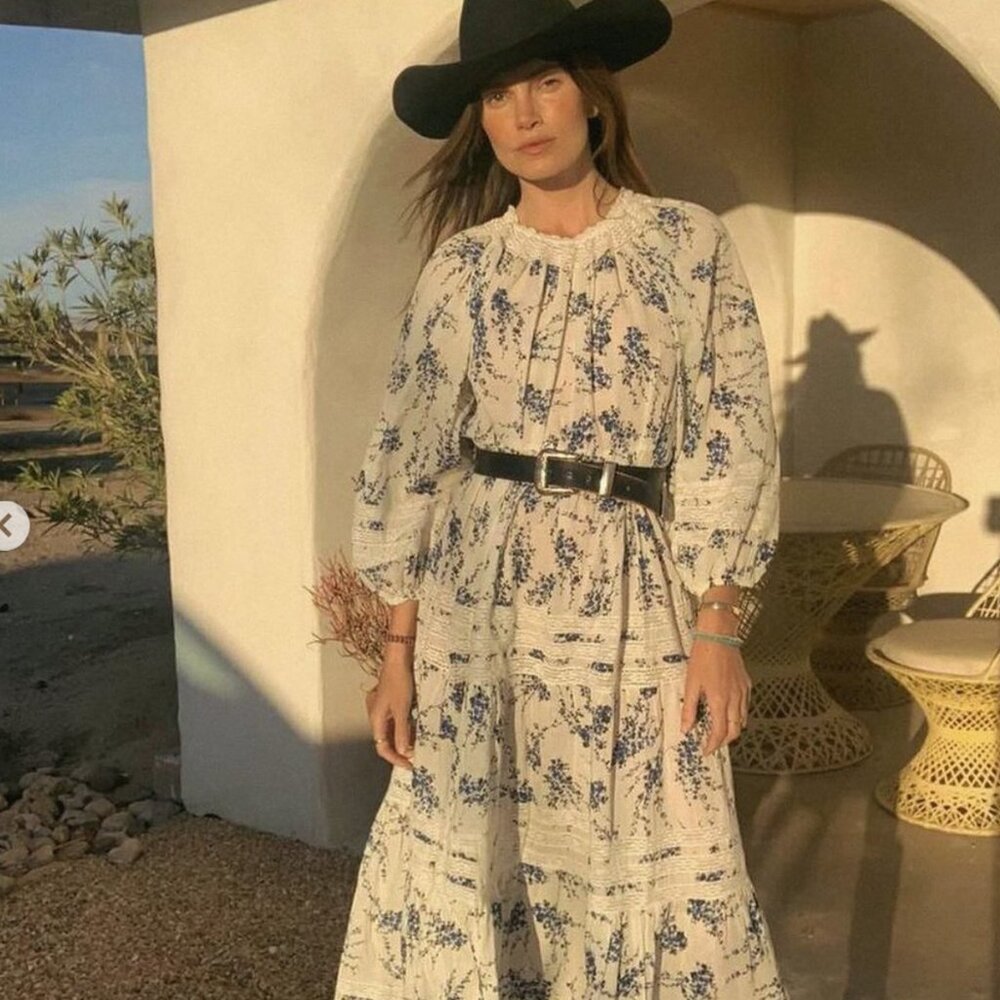 THE GREAT. Cream and Blue Floral Midi Dress